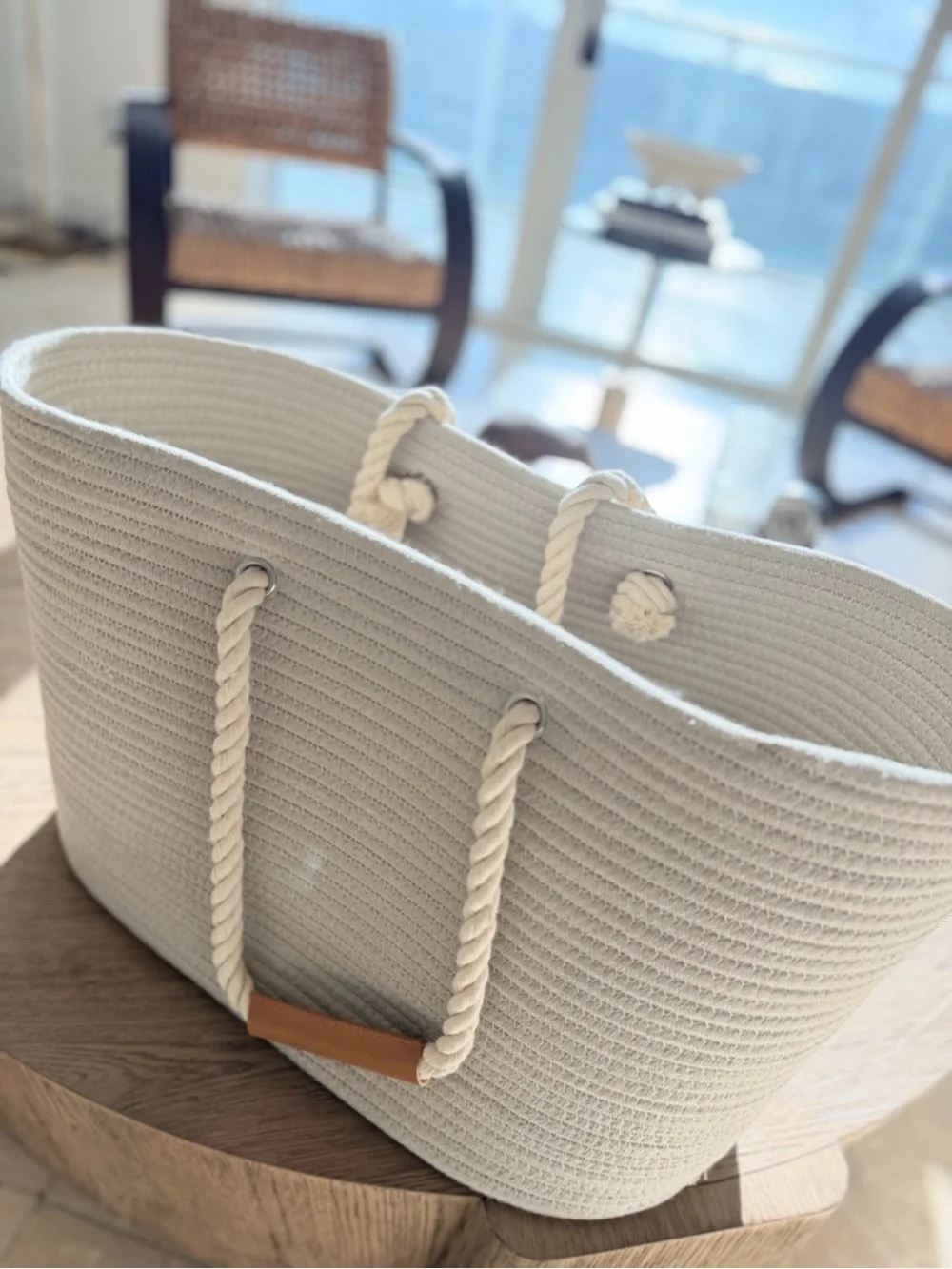 Neutral Cream Rope Tote with Leather Handle Accent